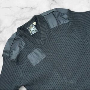 Military Equipment Sweater Pullover LS Black Elbow Patches Epaulettes Wool Sz 48